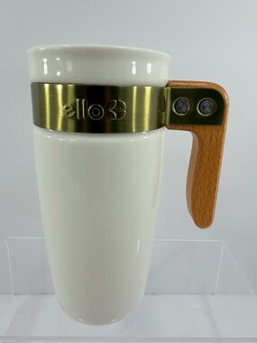 Ello Fulton Travel Mug with Lid 16-oz Ceramic with Wood Handle Gold